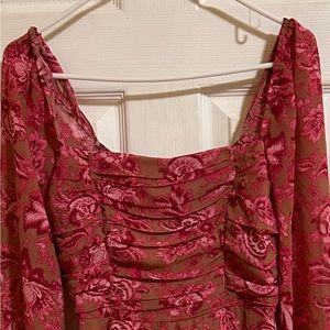 Pink floral print long sleeve dress with ruched top